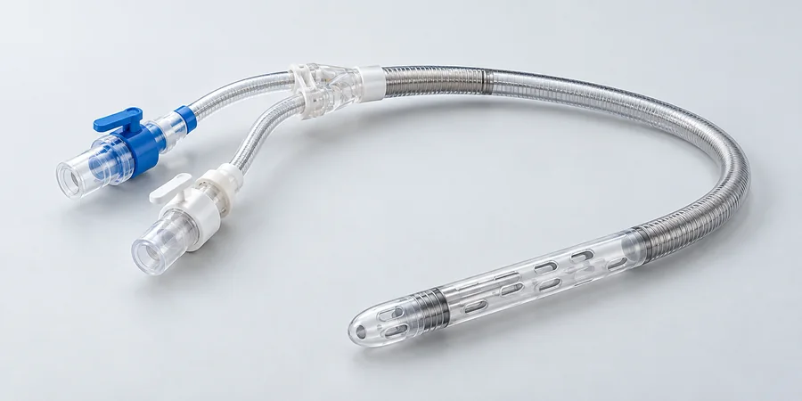 Metal mesh tube beside a long curved catheter