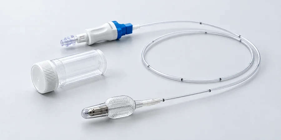 Metal mesh tube beside a long curved catheter